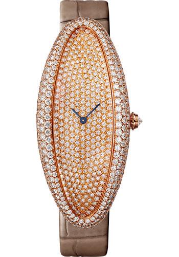 Cartier Baignoire WJBA0011 Allongee 52mm Pink Gold Diamond Case - Diamond Dial - Taupe Strap