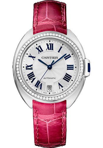 Cartier WJCL0014 Cle De Cartier 35mm White Gold Diamond Case - Diamond Bezel - Silver Dial - Fuchsia Pink Alligator Strap