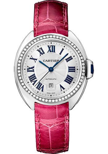 Cartier WJCL0015 Cle De Cartier 31mm White Gold Diamond Case - Diamond Bezel - Silver Dial - Fuchsia Pink Alligator Strap