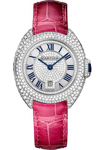 Cartier WJCL0017 Cle De Cartier Diamond Paved 31mm White Gold Diamond Case - Diamond Bezel - Silver Dial - Fuchsia Pink Alligator Strap