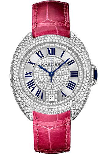 Cartier WJCL0018 Cle De Cartier 35mm White Gold Diamond Case - Diamond Bezel - Silver Diamond Dial - Fuchsia Pink Alligator Strap