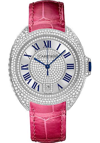 Cartier WJCL0019 Cle De Diamond Paved Cartier 40mm White Gold Diamond Case - Diamond Bezel - Silver Dial - Fuchsia Pink Alligator Strap
