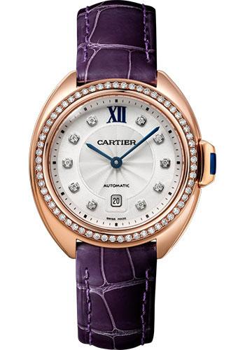 Cartier WJCL0038 Cle de Cartier 31mm Pink Gold Diamond Case - Diamond Bezel - Silvered Flinque Dial - Aubergine Alligator Strap