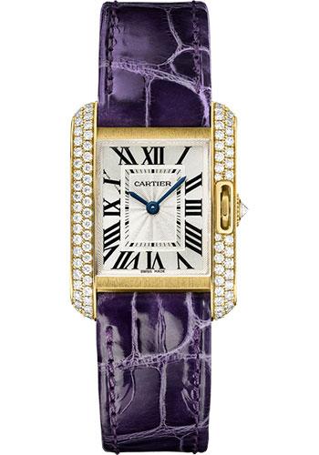 Cartier Tank WT100014 Anglaise 30.2mm Yellow Gold Diamond Case - Silvered Dial - Aubergine Alligator Strap