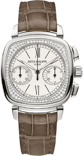 Patek Philippe Complications 7071G-001 Ladies Chronograph 35 x 39mm Silver Opaline Roman White Gold Diamond Set Leather Manual Main image