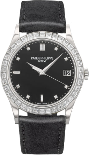 Patek Philippe Calatrava 5298P-012 Black Baguette Diamond Bezel Date Platinum Leather