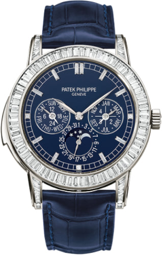 Patek Philippe Grand Complications 5073P-010 Day-Date Annual Calendar Moon Phase 42mm Blue Index Platinum Diamond Set Automatic