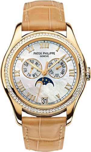 Patek Philippe Annual Calendar 4936J-001 Complications Ladies Moon Phase White Mother of Pearl 37mm Roman Diamond Bezel Yellow Gold Leather Date