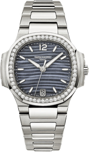 Patek Philippe Nautilus 7018/1A-010 Ladies 33.6mm Blue Stainless Steel Mother of Pearl Index Diamond Bezel Date
