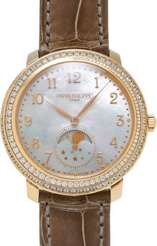 Patek Philippe Complications 4968R-001 Diamond Ribbon Joaillerie Moon Phase Manual Winding Rose Gold Diamond Bezel 33.3mm White Mother of Pearl Dial Alligator Leather Strap
