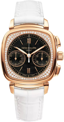 Patek Philippe Complications 7071R-010 Ladies Chronograph 35 x 39mm Black Guilloche Roman Rose Gold Diamond Set Leather Manual