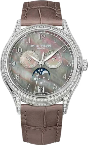 Patek Philippe Annual Calendar 4948G-001 Complications Ladies Moon Phase 38mm Black Tahitian Mother of Pearl Arabic White Gold Diamond Set Leather Automatic