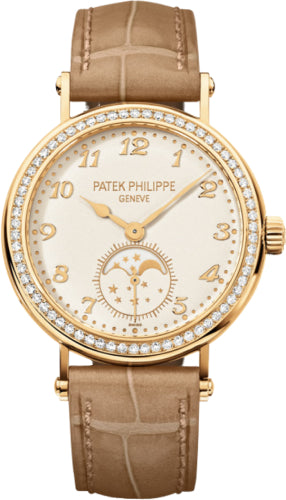 Patek Philippe Complications 7121J-001 Moon Phase Manual Ladies Yellow Gold Diamond Bezel 33mm Cream Dial Alligator Leather Strap