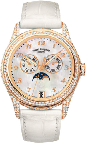 Patek Philippe Annual Calendar 4937R-001 Complications Ladies Moon Phase 37mm White Mother of Pearl Arabic Rose Gold Diamond Set Leather Date