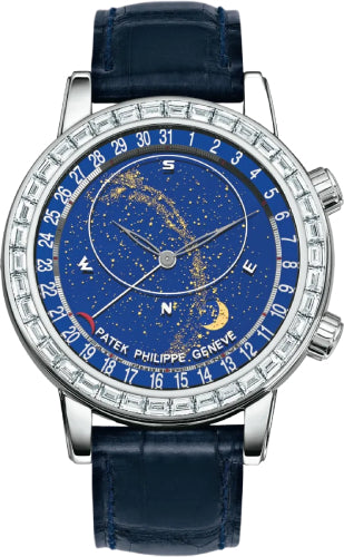 Patek Philippe Grand Complications 6104G-001 Date Chronograph Blue Sky Chart 44mm Baguette Bezel White Gold Leather Manual