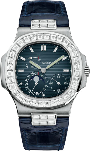 Patek Philippe Nautilus 5724G-001 40mm Black-Blue Baguette Diamond Bezel Moon Phase Date White Gold Leather Automatic