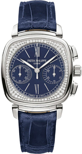 Patek Philippe Complications 7071G-011 Ladies Chronograph 35 x 39mm Blue Opaline Roman White Gold Diamond Set Leather Manual