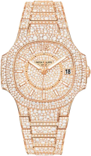 Patek Philippe Nautilus 7021/1R Ladies 33.6mm Diamond Index Rose Gold Diamond Set