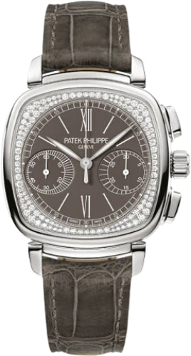 Patek Philippe Complications 7071G-010 Ladies Chronograph 35 x 39mm Grey Opaline Roman White Gold Diamond Set Leather Manual