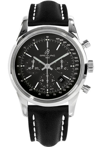 Breitling AB015212/BA99/436X/A20D.1 Transocean 01 Chronograph 43mm Steel Case - Black Dial - Black Leather Strap