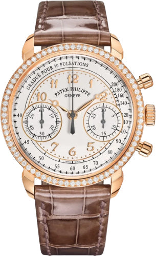 Patek Philippe Complications 7150/250R-001 38mm Chronograph Rose Gold Silver Opaline Dial Diamond Bezel
