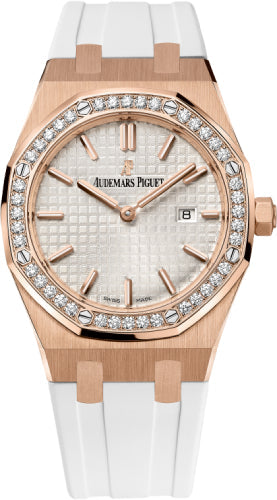 Audemars Piguet Royal Oak 67651OR.ZZ.D010CA.01 Quartz Ladies Rose Gold Silver Index Diamond Bezel 33mm White Rubber Main image