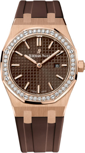 Audemars Piguet Royal Oak 67651OR.ZZ.D080CA.01 Quartz Ladies Rose Gold Brown Index Diamond Bezel 33mm Rubber
