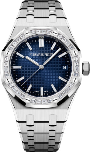 Audemars Piguet Royal Oak 15551BC.ZZ.1356BC.01 37mm White Gold Diamond Set Bezel Blue Diamond Baguette Dial