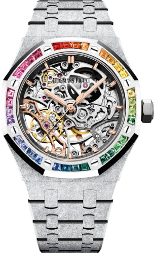 Audemars Piguet Royal Oak 15468BC.YG.1259BC.01 Frosted Gold Double Balance Wheel Openworked White Gold Rhodium-Toned Index Dial & Rainbow Baguette 37mm Sapphires Bezel