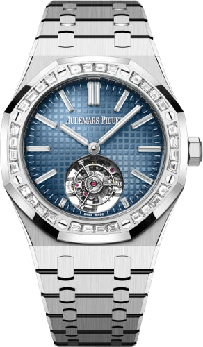 Audemars Piguet Royal Oak 26730BC.ZZ.1320BC.02 41mm Flying Tourbillon White Gold Diamond Set Bezel Blue Diamond Baguette Dial