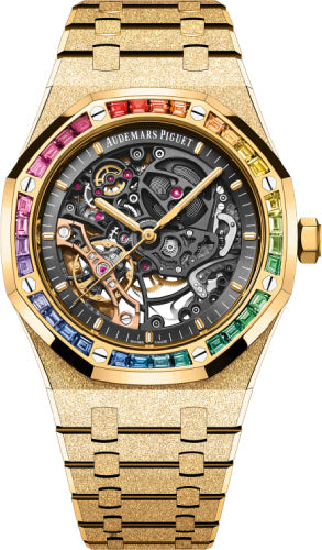 Audemars Piguet Royal Oak 15412BA.YG.1224BA.01 Frosted Gold Double Balance Wheel Openworked Yellow Gold 41mm Rainbow Gem-set Bezel