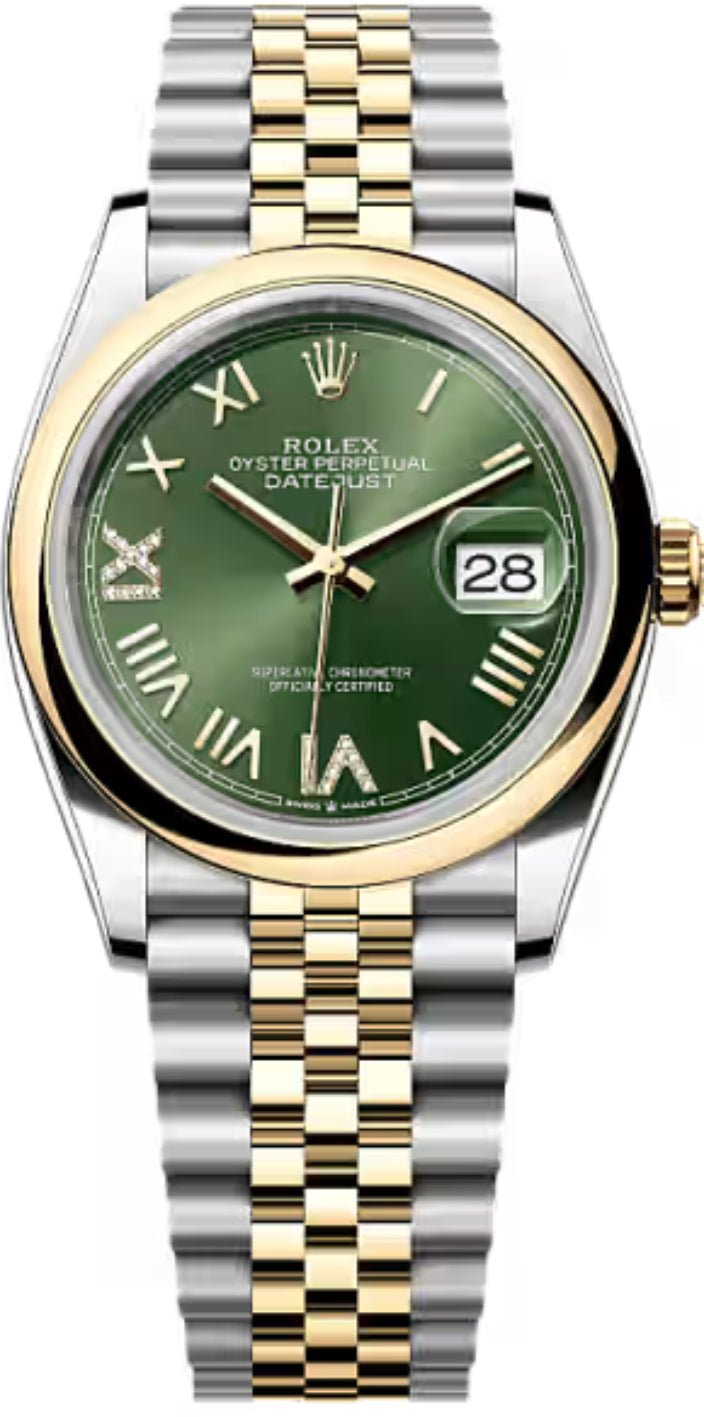 Rolex Datejust 126203 36 Oystersteel And Yellow Gold Olive Green Diamond Set Dial Jubilee Bracelet — 2026