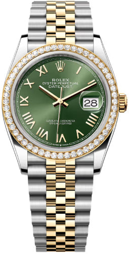 Rolex Datejust 126283RBR 36 Oystersteel Yellow Gold And Diamond Olive Green Roman Dial Jubilee Bracelet — 2026