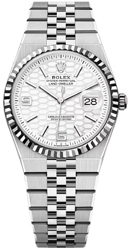 Rolex Land-Dweller 127234 36 White Gold Oystersteel Intense White Honeycomb Motif Dial Fluted Bezel Flat Jubilee Bracelet — 2025