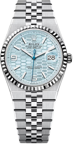 Rolex Land-Dweller 127236 36 Platinum Ice Blue Honeycomb Motif Dial Fluted Bezel Jubilee Bracelet — 2025 Main image
