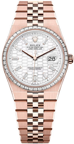Rolex Land-Dweller 127285TBR 36 Everose Gold Intense White Honeycomb Motif Baguette Diamonds Set Dial Diamond Set Bezel Flat Jubilee Bracelet — 2025