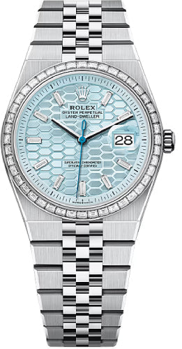 Rolex Land-Dweller 127286TBR 36 Platinum Ice Blue Honeycomb Motif Dial Baguette Diamond-Set Bezel Flat Jubilee Bracelet — 2025