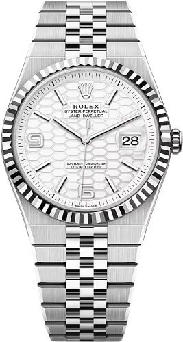 Rolex Land-Dweller 127334 40 White Gold Oystersteel Intense White Honeycomb Motif Dial Fluted Bezel Flat Jubilee Bracelet — 2025