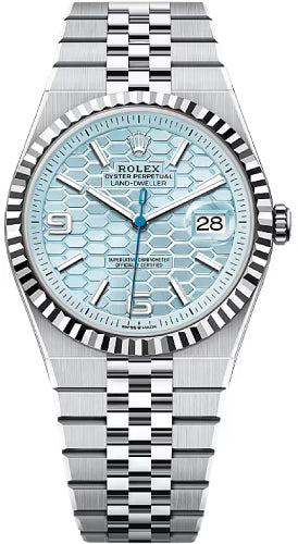 Rolex Land-Dweller 127336 40 Platinum Ice Blue Honeycomb Motif Dial Fluted Bezel Jubilee Bracelet — 2025 Main image