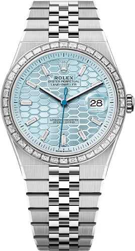 Rolex Land-Dweller 127386TBR 40 Platinum Ice Blue Honeycomb Motif Diamond Set Dial Baguette Diamond-Set Bezel Flat Jubilee Bracelet — 2025 Main image