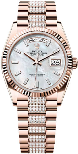 Rolex Day-Date 128235 36 36mm White MOP Diamond-Set Dial Fluted Bezel President Bracelet - 2024 Model