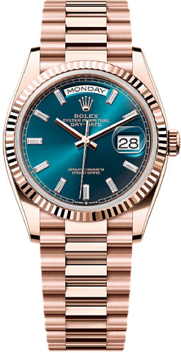 Rolex Day-Date 128235 36 36mm Blue-Green Diamond-Set Dial Fluted Bezel President Bracelet - 2024 Model