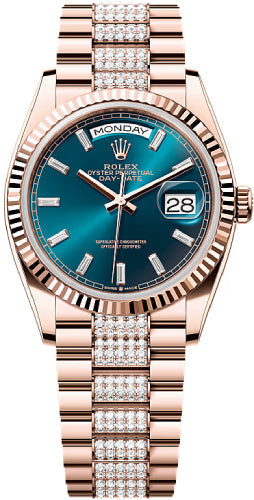 Rolex Day-Date 128235 36 36mm Blue Green Diamond-Set Dial Fluted Bezel President Bracelet - 2024 Model Main image