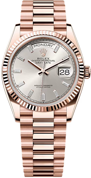 Rolex Day-Date 128235 36 36mm Silver Diamond-Set Dial Fluted Bezel President Bracelet - 2024 Model Main image