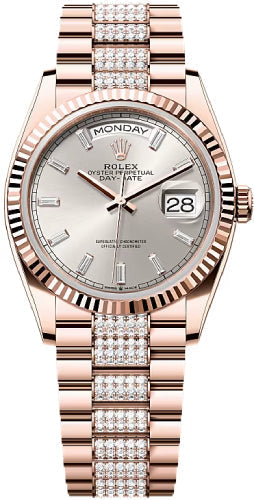 Rolex Day-Date 128235 36 36mm Silver Diamond-Set Dial Fluted Bezel President Bracelet - 2024 Model
