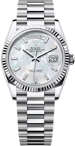 Rolex Day-Date 128236 36 36mm White MOP Diamond-Set Dial Fluted Bezel President Bracelet - 2024 Model