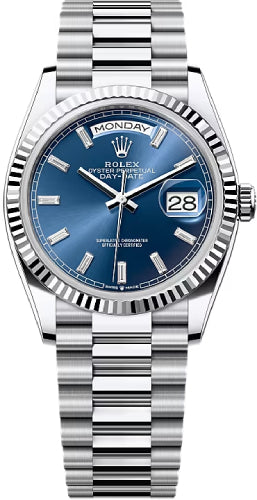 Rolex Day-Date 128236 36 36mm Bright Blue Diamond-Set Dial Fluted Bezel President Bracelet - 2024 Model Main image