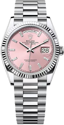 Rolex Day-Date 128236 36 36mm Pink Diamond-Set Dial Fluted Bezel President Bracelet - 2024 Model