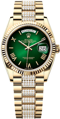 Rolex Day-Date 128238 36 36mm Green Ombré Dial Fluted Bezel with Diamond-Set President Bracelet - 2024 Model Main image