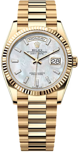 Rolex Day-Date 128238 36 36mm White MOP Diamond-Set Dial Fluted Bezel President Bracelet - 2024 Model